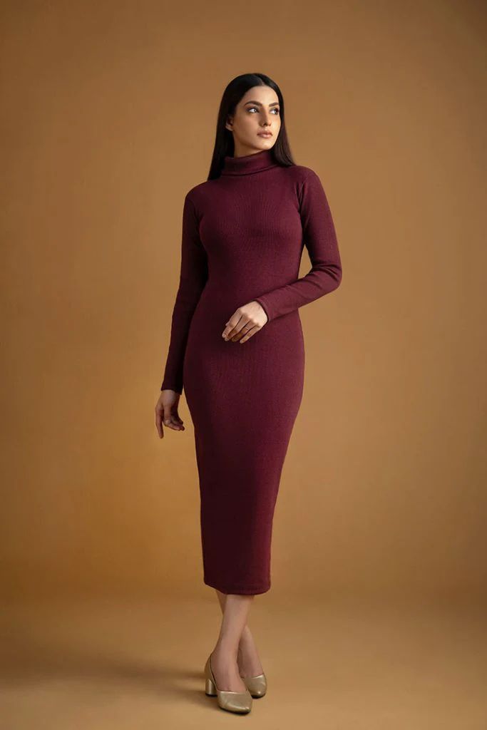 Wintsfield Highneck Bodycon Dress (Maroon) - Oshi.pk - Buy & Sell Online