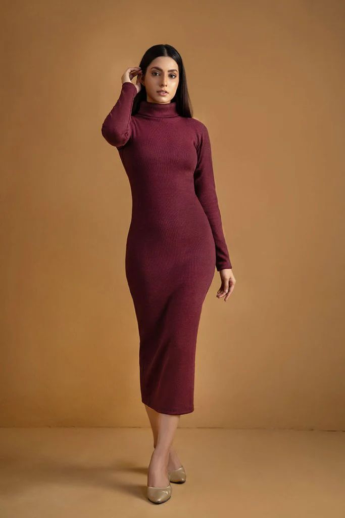 Wintsfield Highneck Bodycon Dress (Maroon) - Oshi.pk - Buy & Sell Online