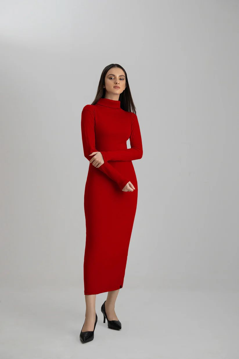 Wintsfield Highneck Bodycon Dress (Burgundy) - Oshi.pk - Buy & Sell Online