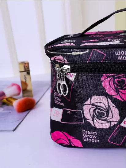 Women Makeup Bag Flower & Lipstick Print Zipper Cosmetic Organizer - Oshi.pk - Buy & Sell Online