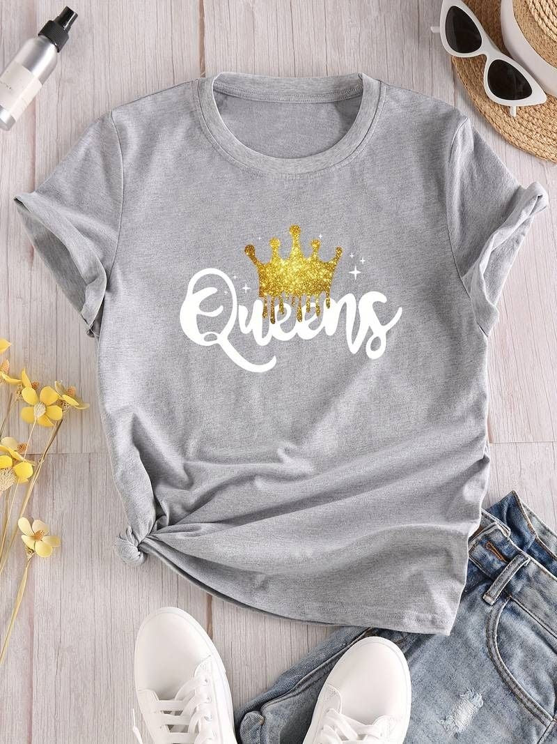 Women's Queen Letter Print T-Shirt, Casual Crew Neck Short Sleeve - Oshi.pk - Buy & Sell Online