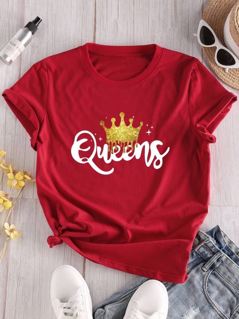 Women's Queen Letter Print T-Shirt, Casual Crew Neck Short Sleeve - Oshi.pk - Buy & Sell Online