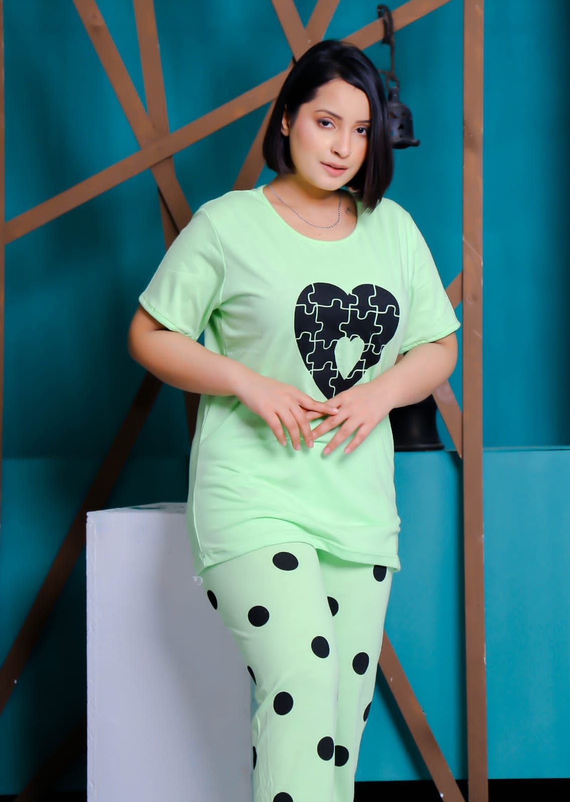 Big Heart with Dotted Style Pajama Half Sleeves Night Suit for her - Oshi.pk - Buy & Sell Online