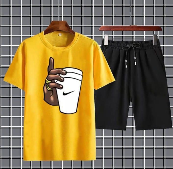 yellow Hand With Cup Printed gym wear Half Sleeves O Neck Tshirt Shorts Tracksuit For Men highly recommended tracksuit for Boys - Oshi.pk - Buy & Sell Online