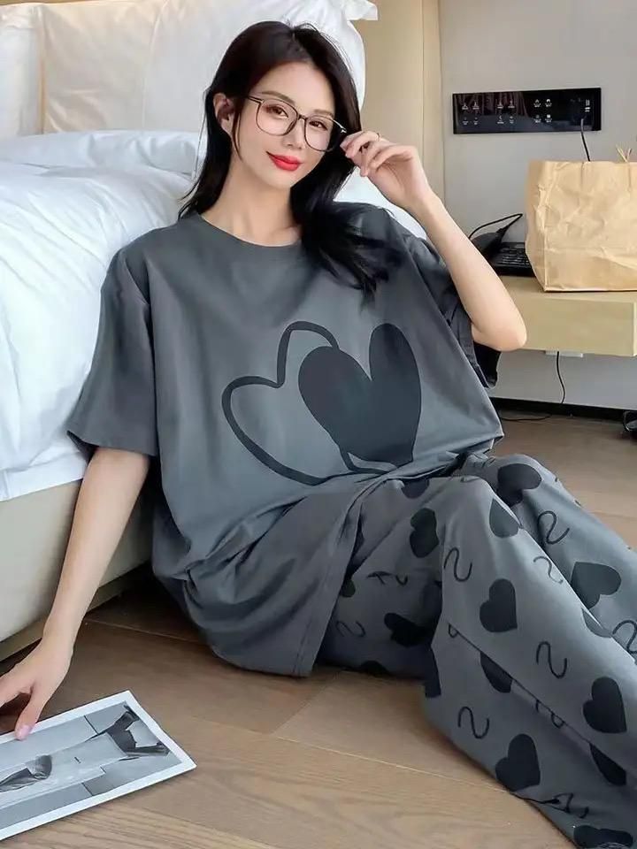 Grey with Black Heart Printed Tshirt and Trouser For Her - Oshi.pk - Buy & Sell Online
