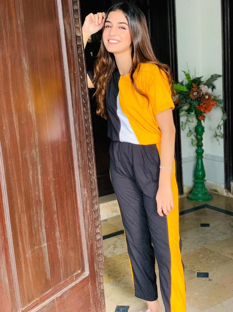 Yellow V Shape Panel Half Sleeves T Shirt with Panel Pajama Suit for her - Oshi.pk - Buy & Sell Online