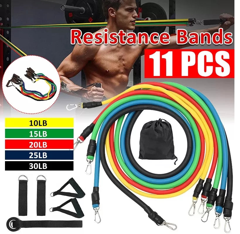 11 PCS Latex Resistance Band Set Yoga Pilates Abs Exercise Fitness Gym Workout Set With Elastic Tube, Door Anchor, Ankle Straps, And Handles For Weigh - Oshi.pk - Buy & Sell Online