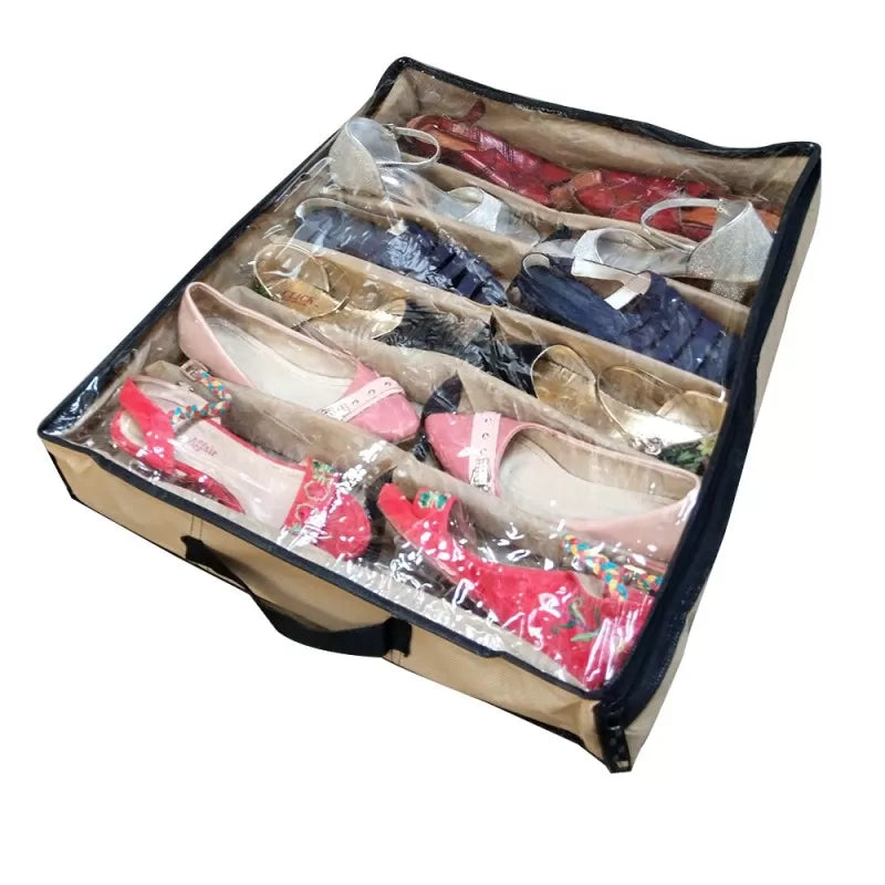 12 Pairs of Shoes Under Bed Shoe Organizer Bag Hard Solid Fabric with Clear Plastic Zip Cover - Oshi.pk - Buy & Sell Online
