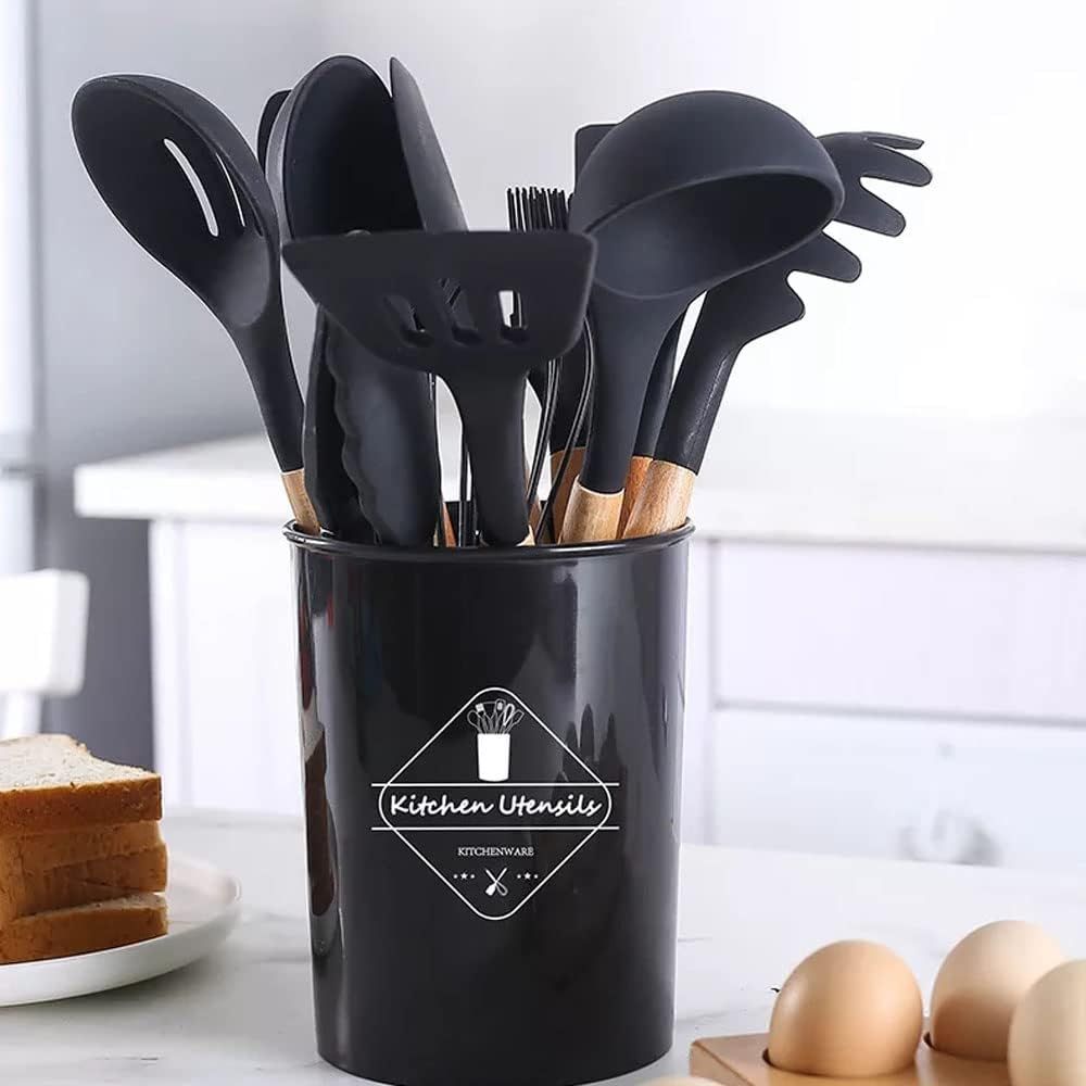 12 Pcs Silicone Cooking Utensils Kitchen Utensil Set Heat Resistant Non-Toxic BPA Free Spatula Set with Turner Tongs,Spoon,Brush,Whisk-Wooden Handles - Oshi.pk - Buy & Sell Online