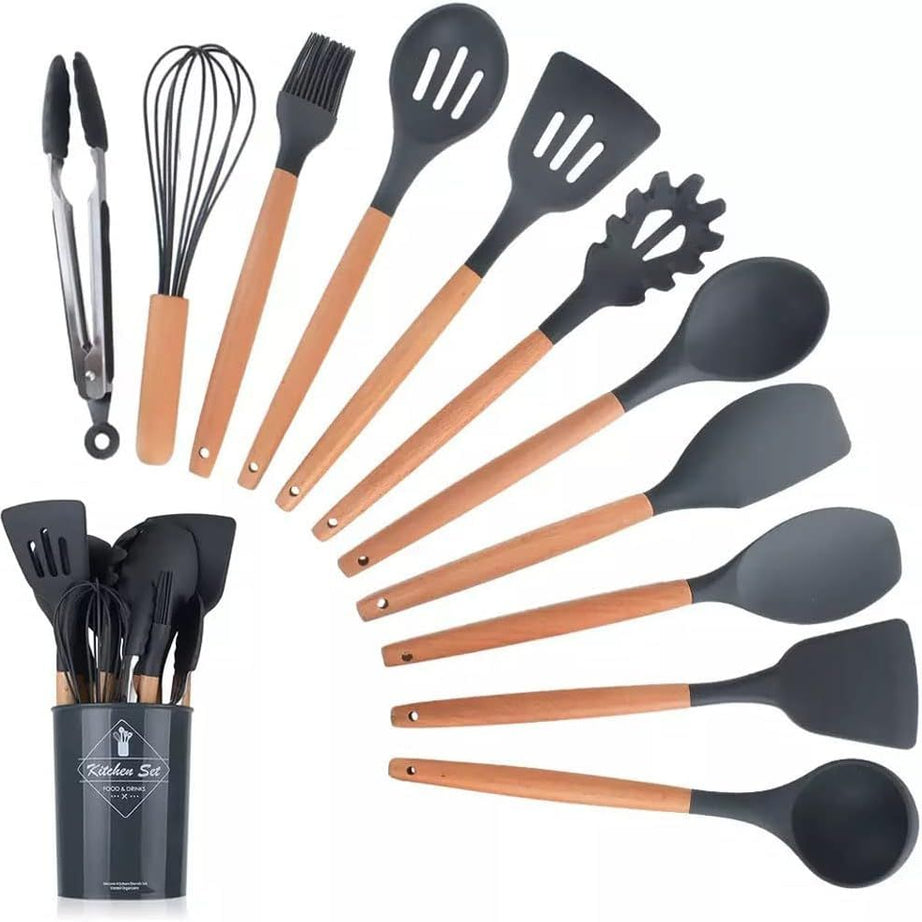 12 Pcs Silicone Cooking Utensils Kitchen Utensil Set Heat Resistant Non-Toxic BPA Free Spatula Set with Turner Tongs,Spoon,Brush,Whisk-Wooden Handles - Oshi.pk - Buy & Sell Online
