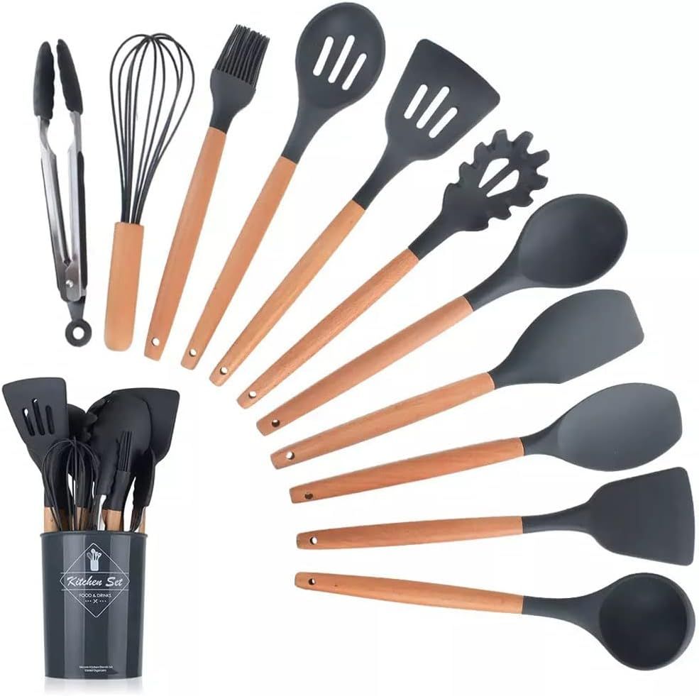12 Pcs Silicone Cooking Utensils Kitchen Utensil Set Heat Resistant Non-Toxic BPA Free Spatula Set with Turner Tongs,Spoon,Brush,Whisk-Wooden Handles - Oshi.pk - Buy & Sell Online
