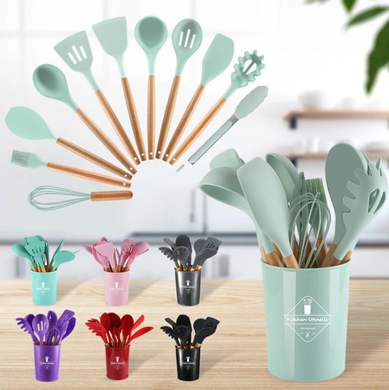 12 Pcs Silicone Cooking Utensils Kitchen Utensil Set Heat Resistant Non-Toxic BPA Free Spatula Set with Turner Tongs,Spoon,Brush,Whisk-Wooden Handles - Oshi.pk - Buy & Sell Online