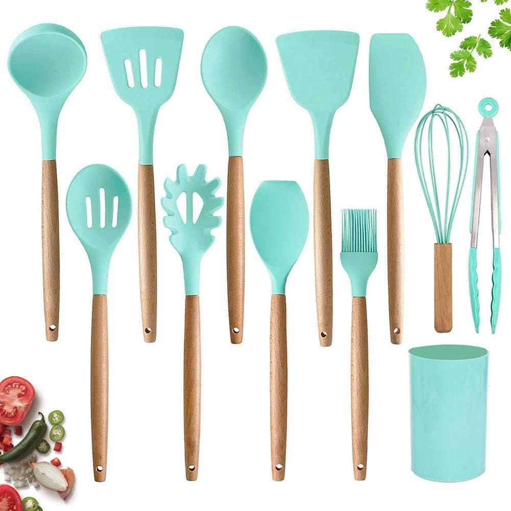 12 Pcs Silicone Cooking Utensils Kitchen Utensil Set Heat Resistant Non-Toxic BPA Free Spatula Set with Turner Tongs,Spoon,Brush,Whisk-Wooden Handles