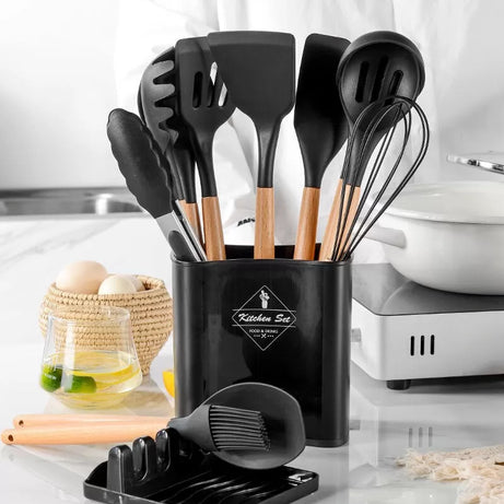 13Pcs Wooden Non stick Silicone Cooking Utensil Set Kitchen Spatula Spoons Tools