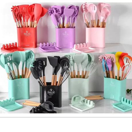 13Pcs Wooden Non stick Silicone Cooking Utensil Set Kitchen Spatula Spoons Tools