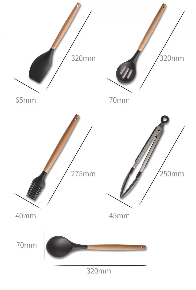 13Pcs Wooden Non stick Silicone Cooking Utensil Set Kitchen Spatula Spoons Tools