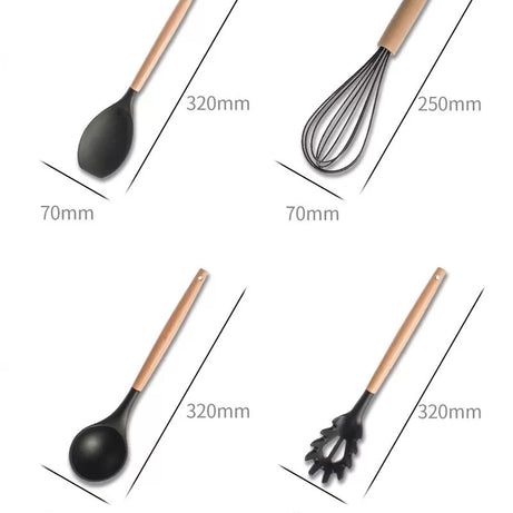 13Pcs Wooden Non stick Silicone Cooking Utensil Set Kitchen Spatula Spoons Tools