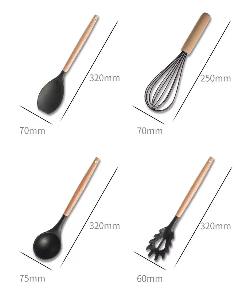 13Pcs Wooden Non stick Silicone Cooking Utensil Set Kitchen Spatula Spoons Tools