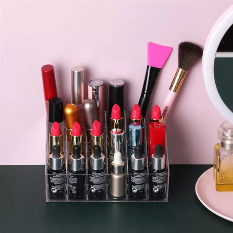 24 Grids Acrylic Makeup Organizer Stand and Nail Polish Holder Lipstick Organizer Storage Makeup Holder Transparent Acrylic Cosmetic Storage Box Rack - Oshi.pk - Buy & Sell Online