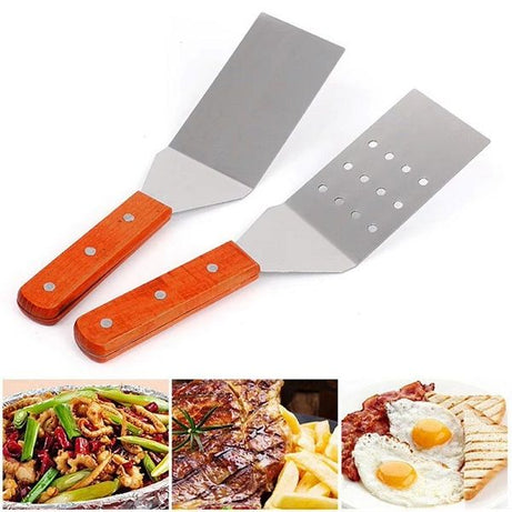 2pcs Set Cooking Spatula with Wooden Handle Grill Turner Stainless Steel Metal Scraper - Oshi.pk - Buy & Sell Online