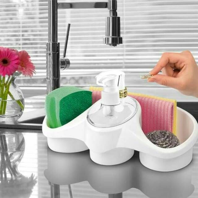 3 In 1 Plastic Dish Soap Dispenser with Sponge Holder For Kitchen Sink Bathroom Counter Hand Soap Dispenser Pump Bottle Caddy Organizer - Oshi.pk - Buy & Sell Online