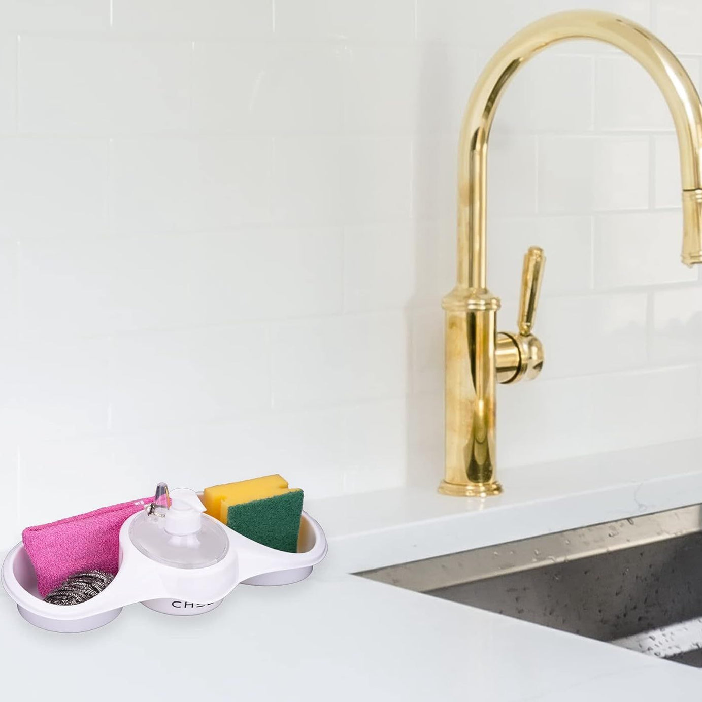 3 In 1 Plastic Dish Soap Dispenser with Sponge Holder For Kitchen Sink Bathroom Counter Hand Soap Dispenser Pump Bottle Caddy Organizer - Oshi.pk - Buy & Sell Online