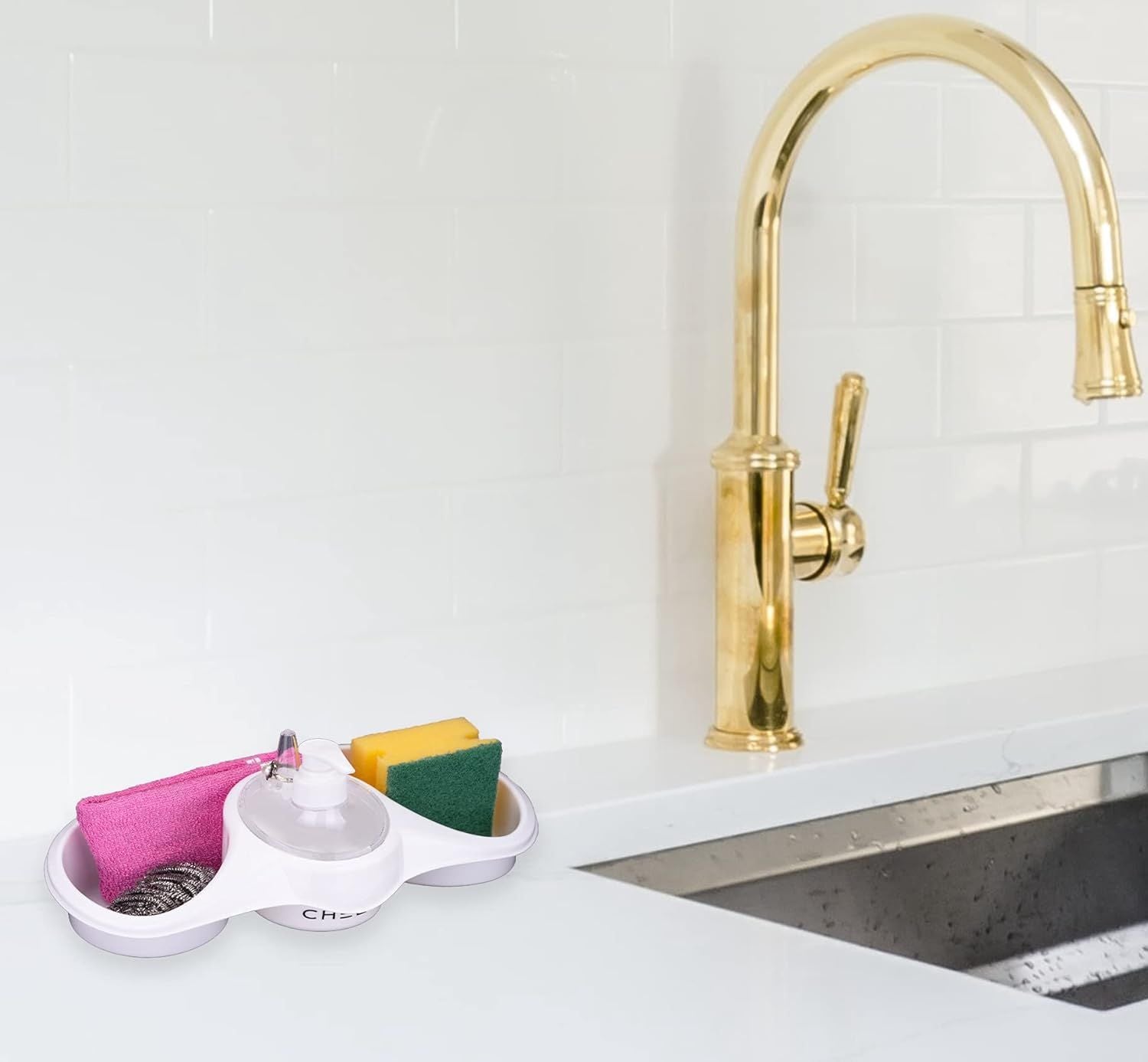 3 In 1 Plastic Dish Soap Dispenser with Sponge Holder For Kitchen Sink Bathroom Counter Hand Soap Dispenser Pump Bottle Caddy Organizer - Oshi.pk - Buy & Sell Online