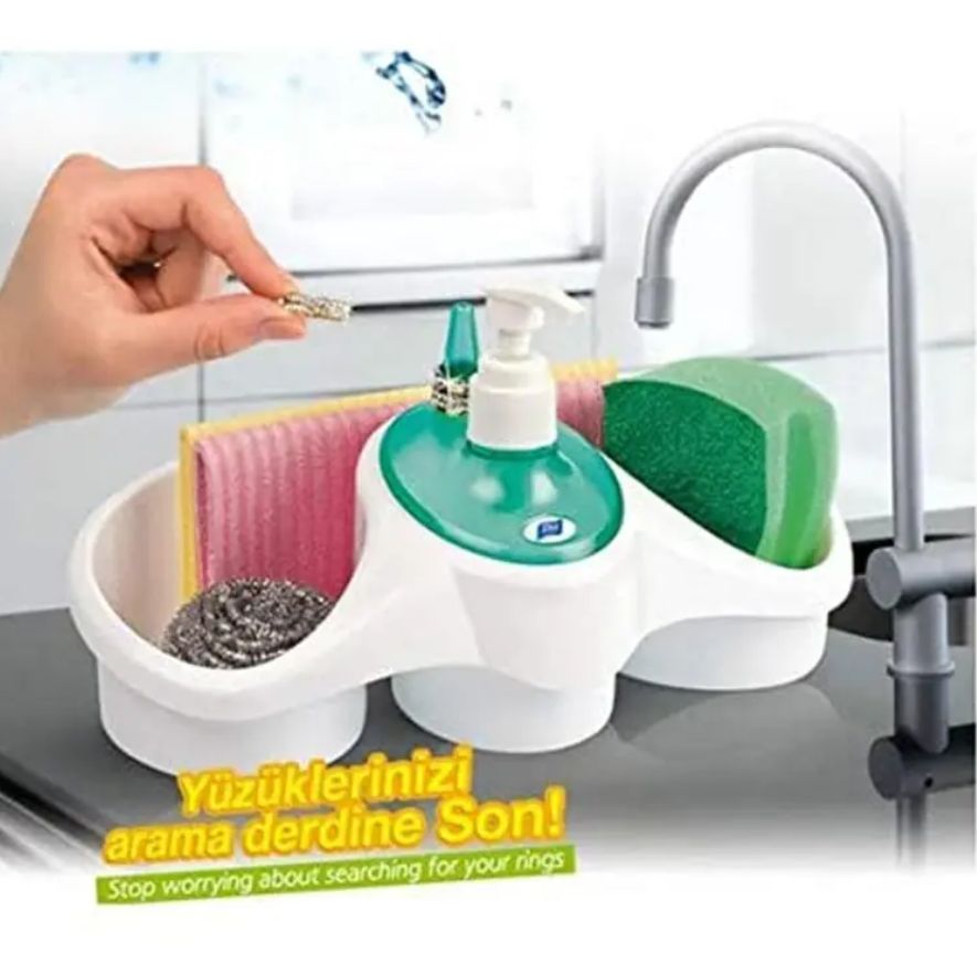 3 In 1 Plastic Dish Soap Dispenser with Sponge Holder For Kitchen Sink Bathroom Counter Hand Soap Dispenser Pump Bottle Caddy Organizer - Oshi.pk - Buy & Sell Online