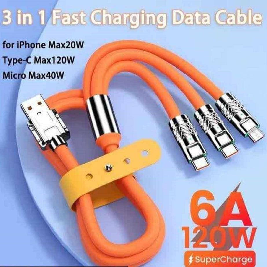 3 IN 1 Alloy Charging Cable 120W 6A Super Fast Charger USB Protection For iPhone Micro USB Type-C 8-Pin Charging Cable - Oshi.pk - Buy & Sell Online
