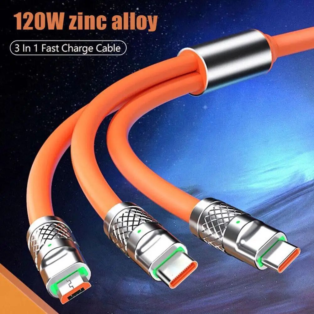3 IN 1 Alloy Charging Cable 120W 6A Super Fast Charger USB Protection For iPhone Micro USB Type-C 8-Pin Charging Cable - Oshi.pk - Buy & Sell Online