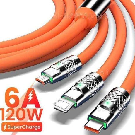 3 IN 1 Alloy Charging Cable 120W 6A Super Fast Charger USB Protection For iPhone Micro USB Type-C 8-Pin Charging Cable - Oshi.pk - Buy & Sell Online