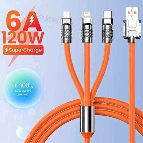 3 IN 1 Alloy Charging Cable 120W 6A Super Fast Charger USB Protection For iPhone Micro USB Type-C 8-Pin Charging Cable - Oshi.pk - Buy & Sell Online