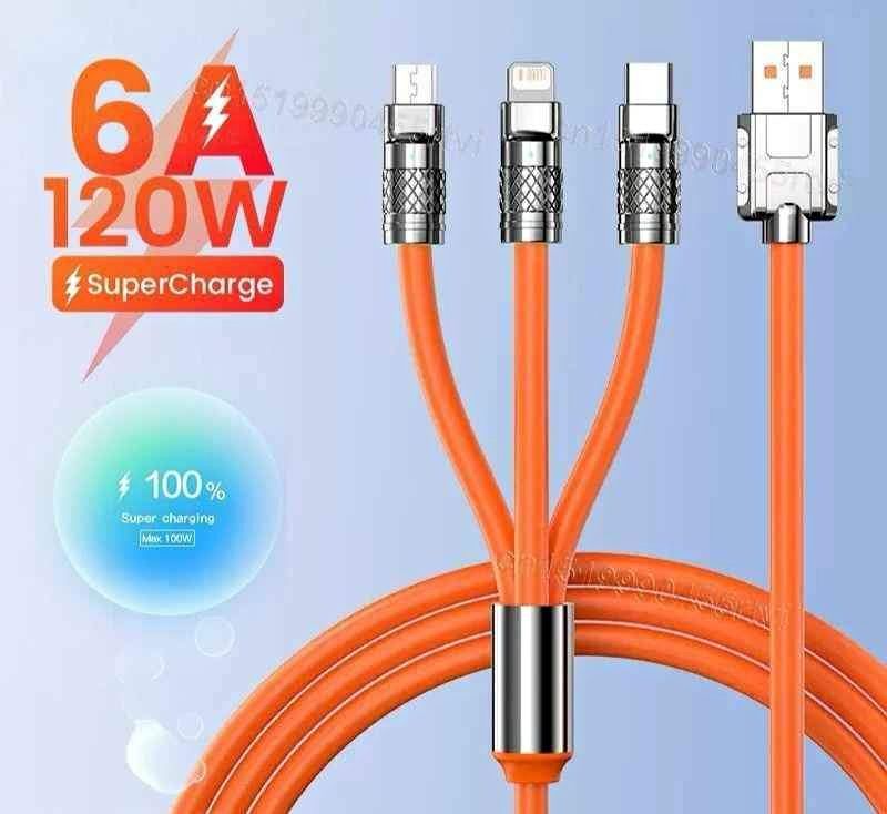 3 IN 1 Alloy Charging Cable 120W 6A Super Fast Charger USB Protection For iPhone Micro USB Type-C 8-Pin Charging Cable - Oshi.pk - Buy & Sell Online