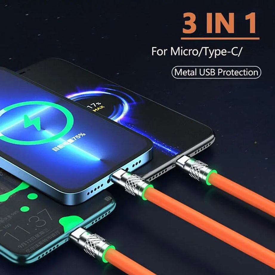 3 IN 1 Alloy Charging Cable 120W 6A Super Fast Charger USB Protection For iPhone Micro USB Type-C 8-Pin Charging Cable - Oshi.pk - Buy & Sell Online