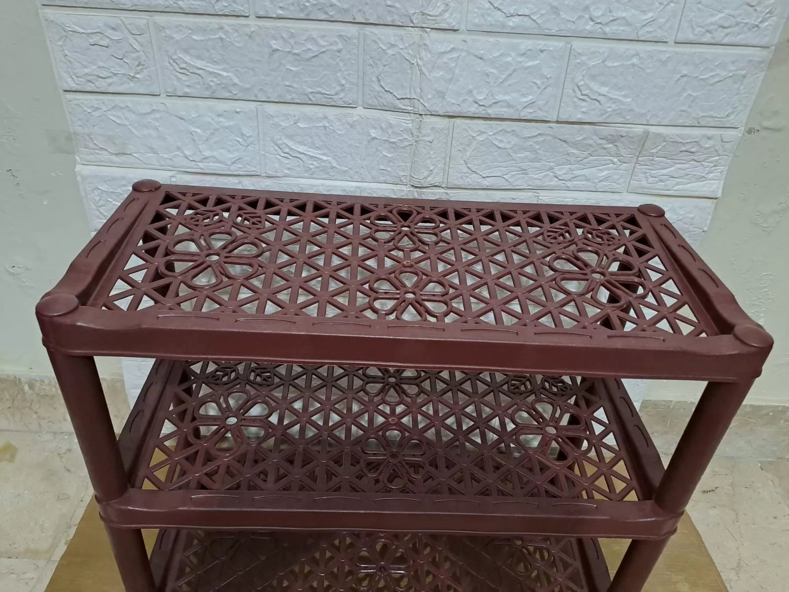 3 Layers Plastic Shoe Rack Kitchen Stand Lightweight Shoe Organizer Entryway Hallway Closet Flower Design Dark Brown