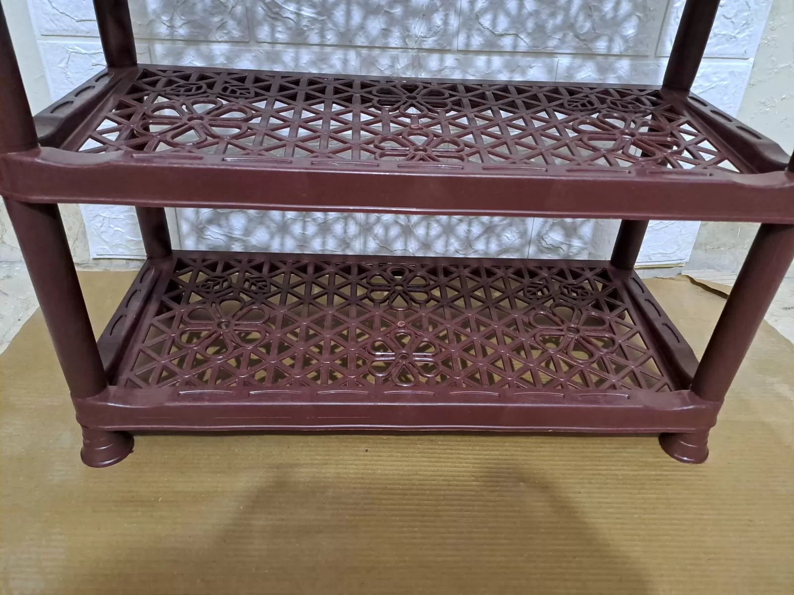 3 Layers Plastic Shoe Rack Kitchen Stand Lightweight Shoe Organizer Entryway Hallway Closet Flower Design Dark Brown