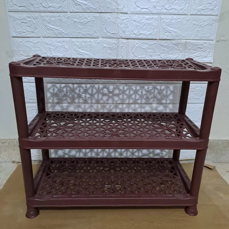 3 Layers Plastic Shoe Rack Kitchen Stand Lightweight Shoe Organizer Entryway Hallway Closet Flower Design Dark Brown