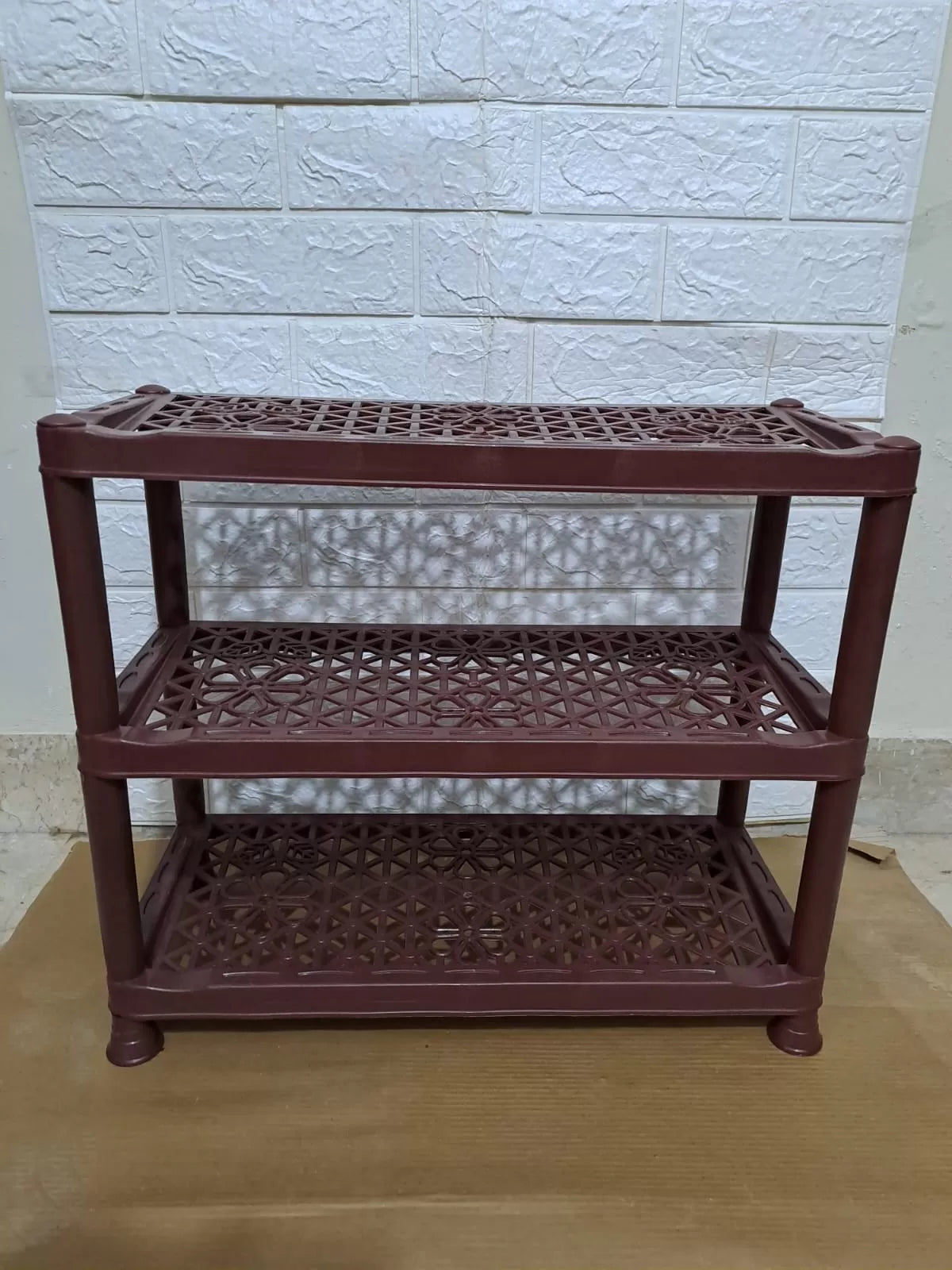 3 Layers Plastic Shoe Rack Kitchen Stand Lightweight Shoe Organizer Entryway Hallway Closet Flower Design Dark Brown