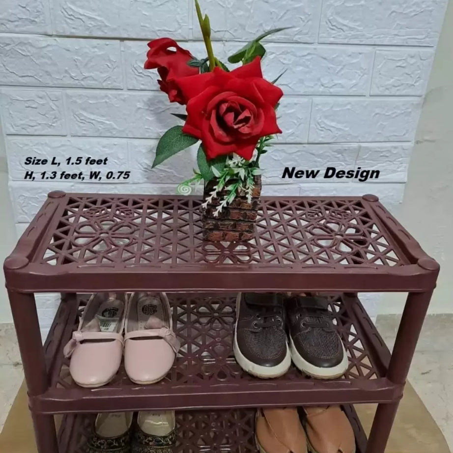 3 Layers Plastic Shoe Rack Kitchen Stand Lightweight Shoe Organizer Entryway Hallway Closet Flower Design Dark Brown