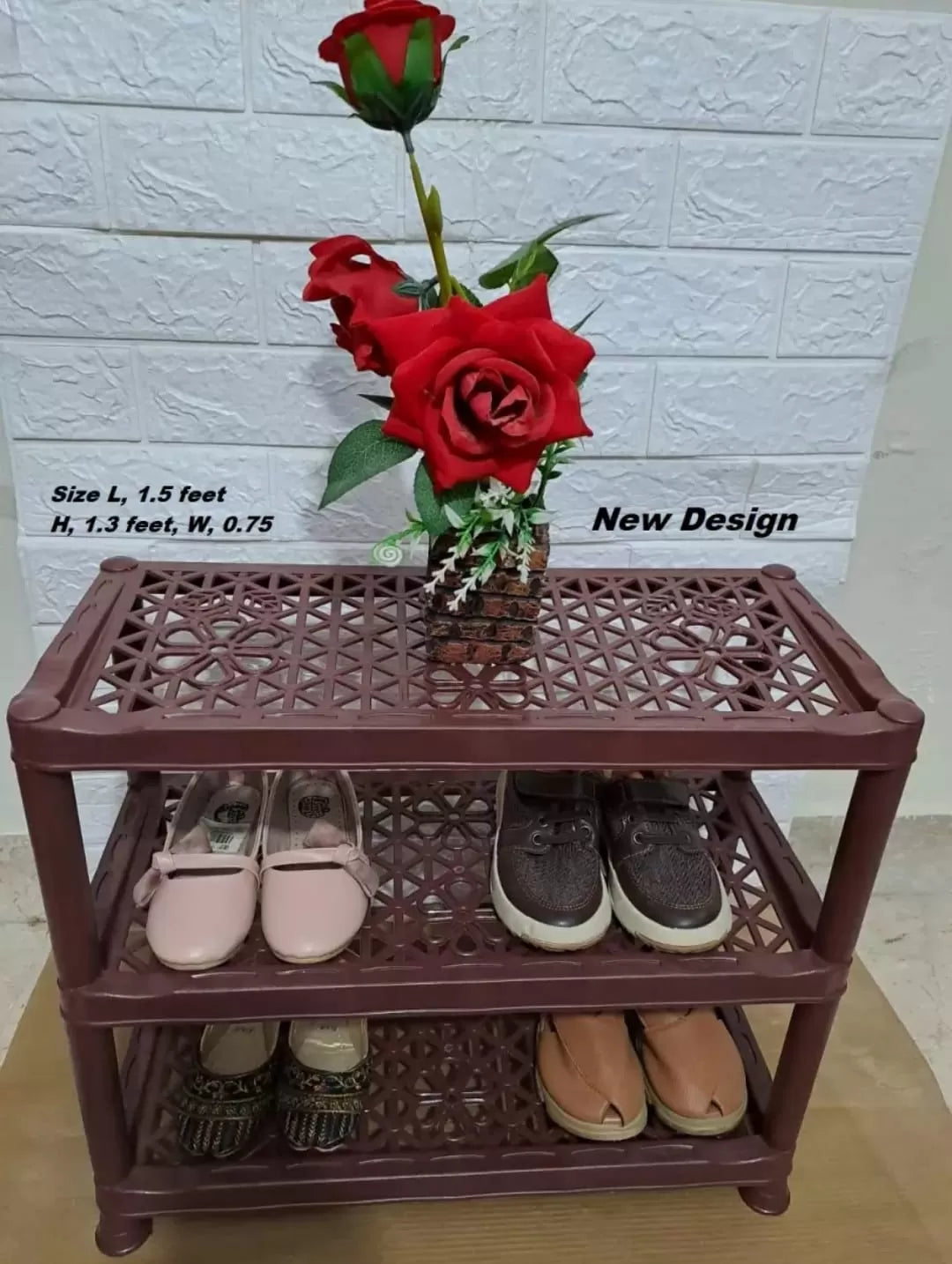 3 Layers Plastic Shoe Rack Kitchen Stand Lightweight Shoe Organizer Entryway Hallway Closet Flower Design Dark Brown