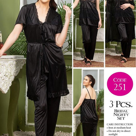 3 Piece Women's Top Relaxing Soft Silk Sleepwear (NN-251-Black) - Oshi.pk - Buy & Sell Online