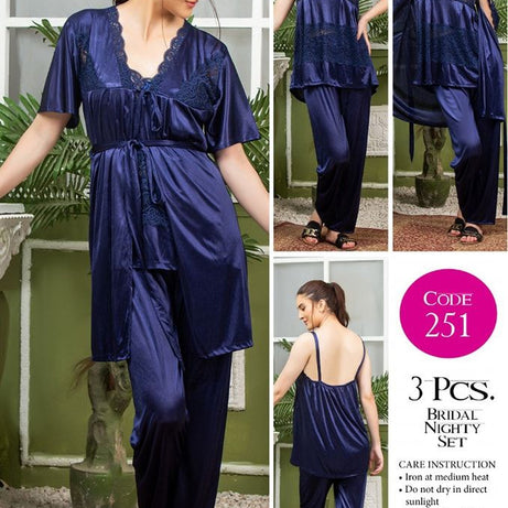 3 Piece Women's Top Relaxing Soft Silk Sleepwear (NN-251-Blue) - Oshi.pk - Buy & Sell Online