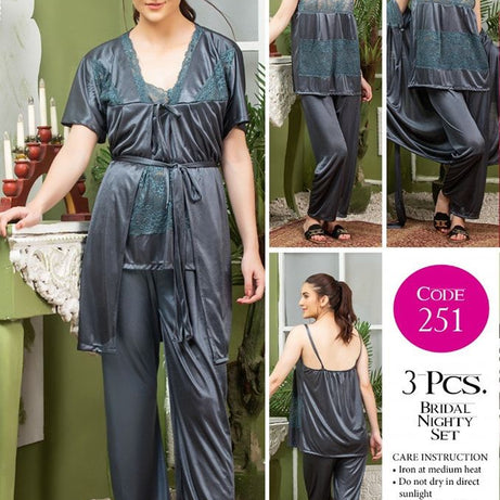 3 Piece Women's Top Relaxing Soft Silk Sleepwear (NN-251-Grey) - Oshi.pk - Buy & Sell Online