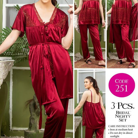 3 Piece Women's Top Relaxing Soft Silk Sleepwear (NN-251-Maroon) - Oshi.pk - Buy & Sell Online