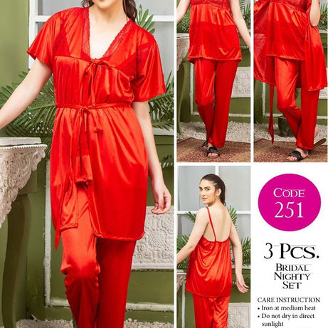 3 Piece Women's Top Relaxing Soft Silk Sleepwear (NN-251-Red) - Oshi.pk - Buy & Sell Online