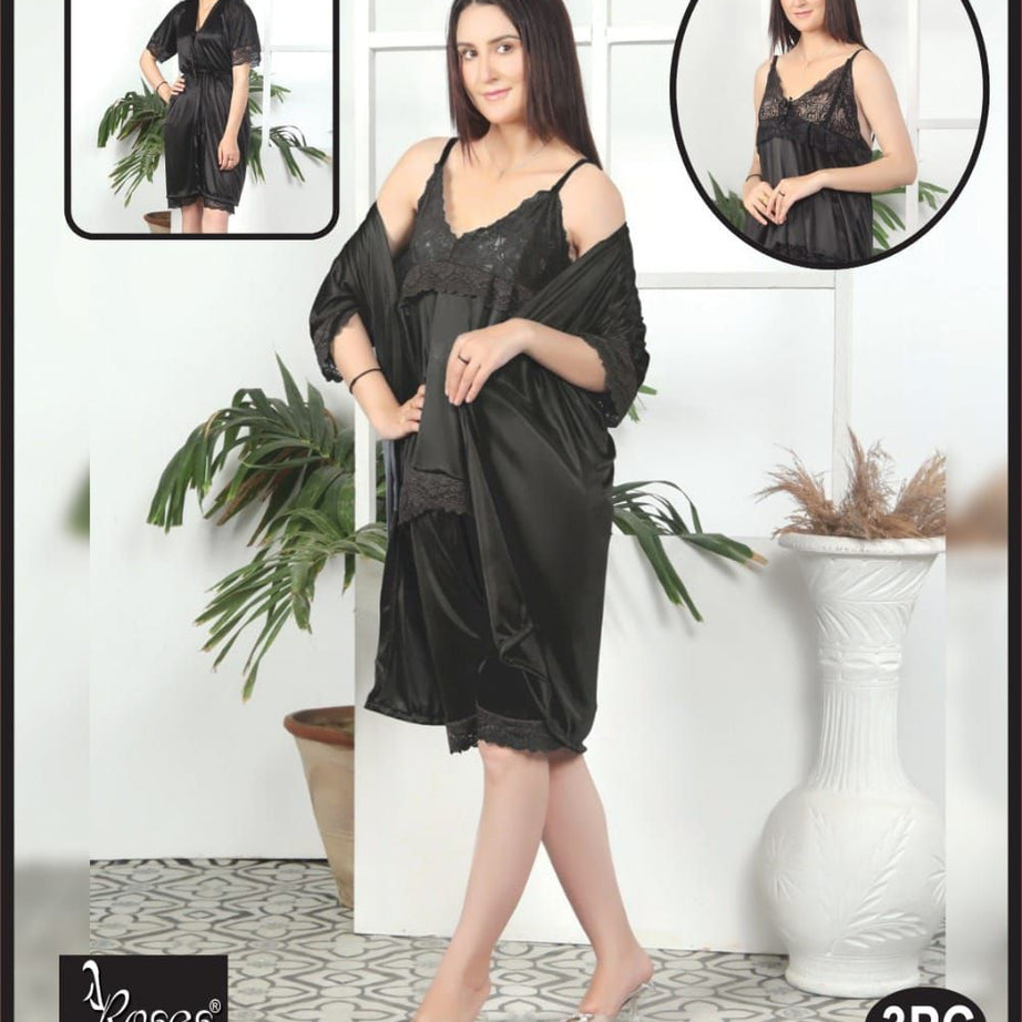 3 Piece Women's Top Relaxing Soft Silk Sleepwear (NN-113-Black) - Oshi.pk - Buy & Sell Online