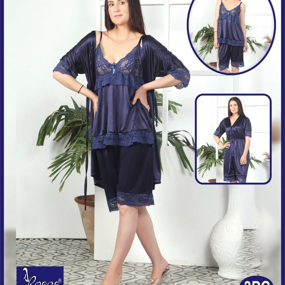 3 Piece Women's Top Relaxing Soft Silk Sleepwear (NN-113-Blue) - Oshi.pk - Buy & Sell Online