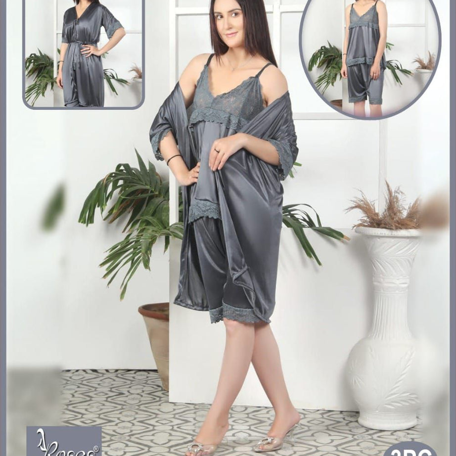 3 Piece Women's Top Relaxing Soft Silk Sleepwear (NN-113-Grey) - Oshi.pk - Buy & Sell Online