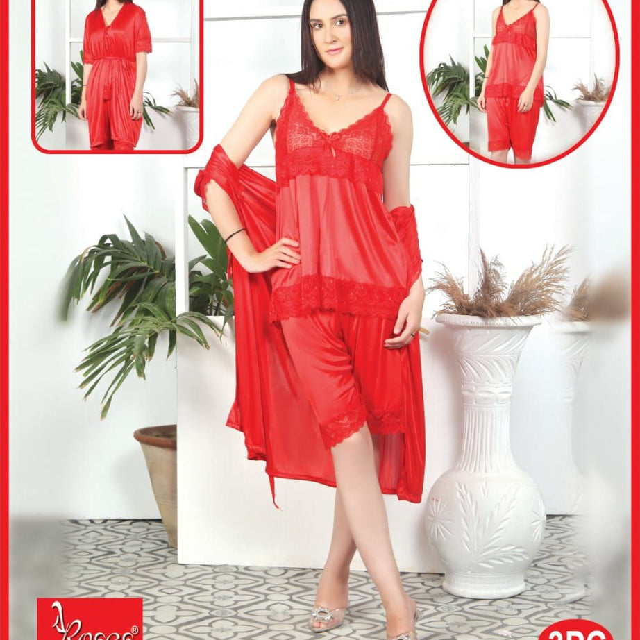 3 Piece Women's Top Relaxing Soft Silk Sleepwear (NN-113-Red) - Oshi.pk - Buy & Sell Online