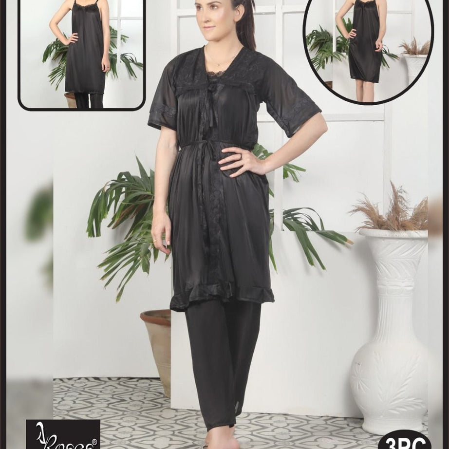 3 Piece Women's Top Relaxing Soft Silk Sleepwear (NN-001-Black) - Oshi.pk - Buy & Sell Online